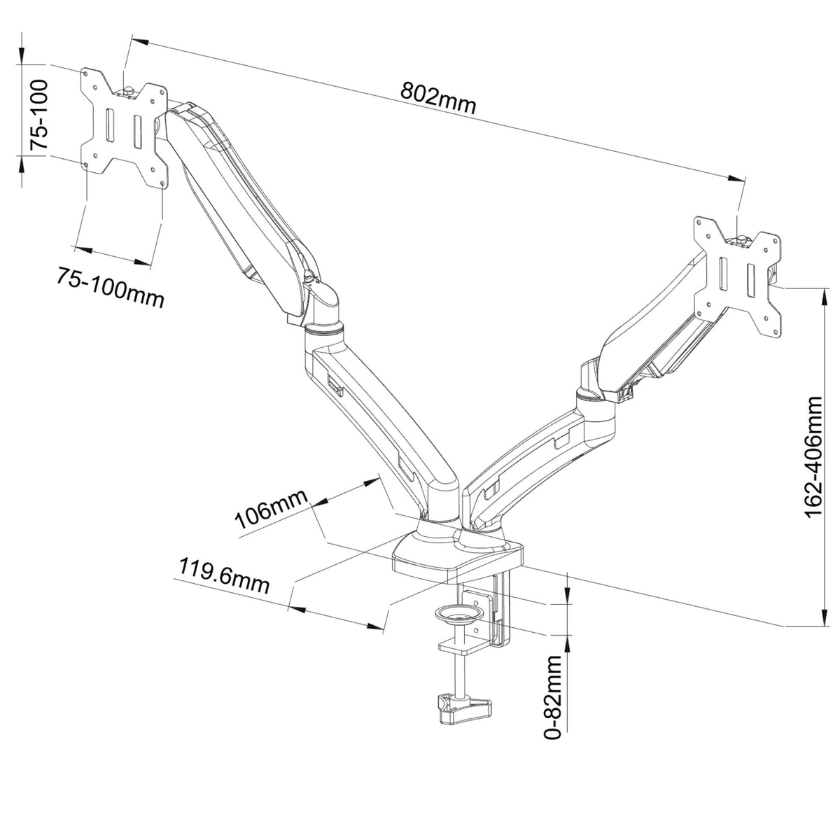 Luxora Dual Monitor Arm - Dimensions Diagram