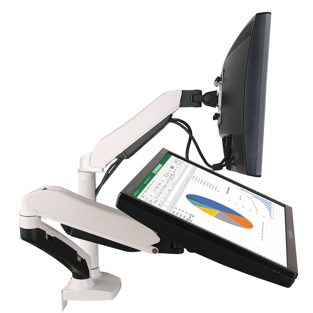 Luxora Dual Monitor Arm - White Variant - Two Monitors Mounted Shown