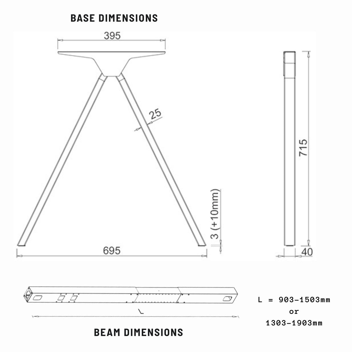 Made to Measure Desk Frame - Base and Beam Dimensions