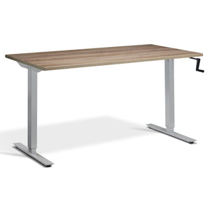 Manual Adjustable Standing Desk - Helix - Silver Frame - Grey Nebraska Oak Top - Studio Image