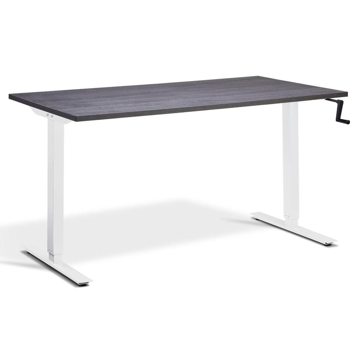 Manual Height Adjustable Standing Desk - Helix - White Frame - Anthracite Sherman Oak Top - Studio Image