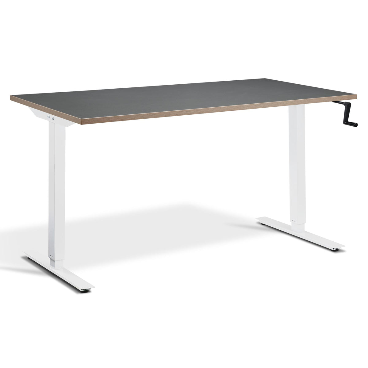 Manual Height Adjustable Standing Desk - Helix - White Frame - Graphite Ply Edge Top - Studio Image
