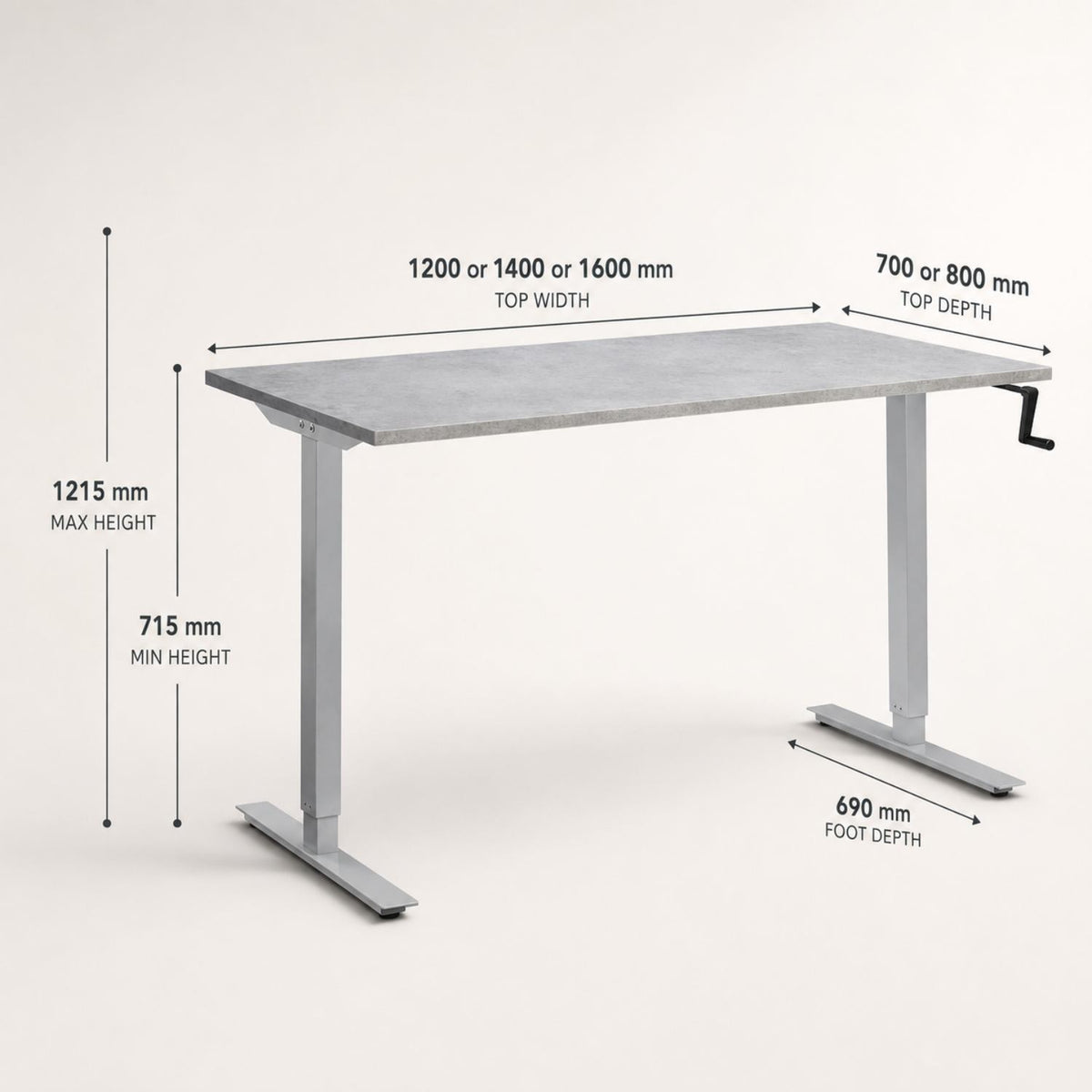 Manual crank standing desk dimensions shown
