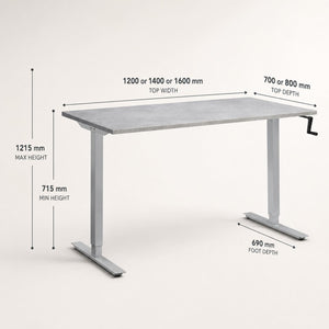 Manual crank standing desk dimensions shown