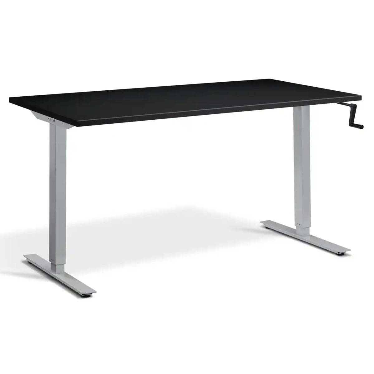 Manual crank standing desk with a black desk top, silver frame and side-mounted crank handle