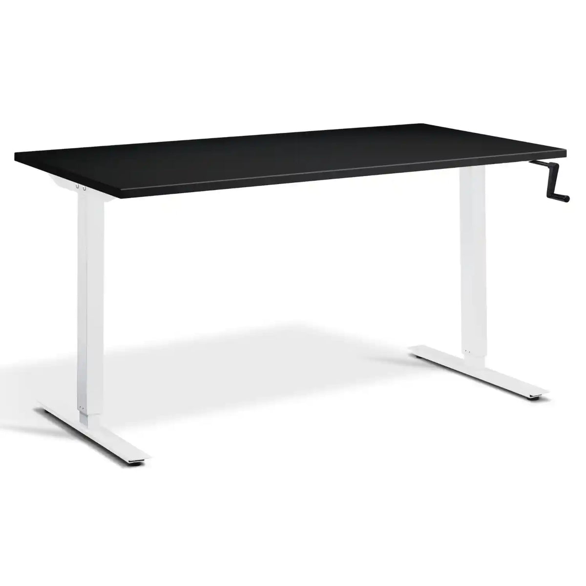 Manual crank standing desk with a black desk top, white frame and side-mounted crank handle
