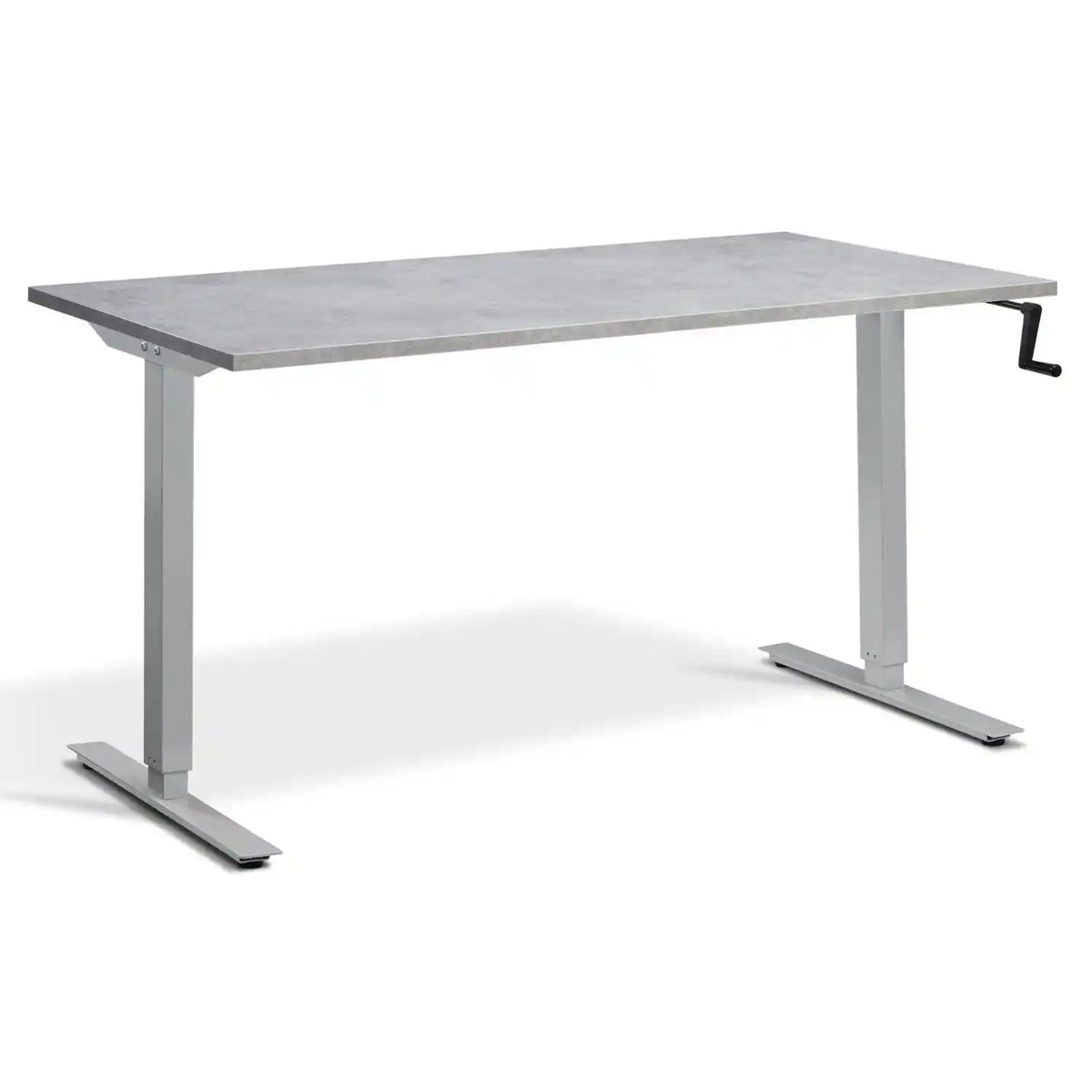 Manual crank standing desk with a light concrete desk top, silver frame and hand-operated crank