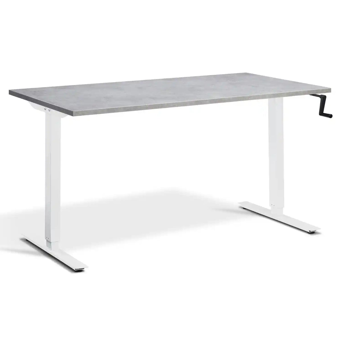 Manual crank standing desk with a light concrete desk top, white frame and hand-operated crank