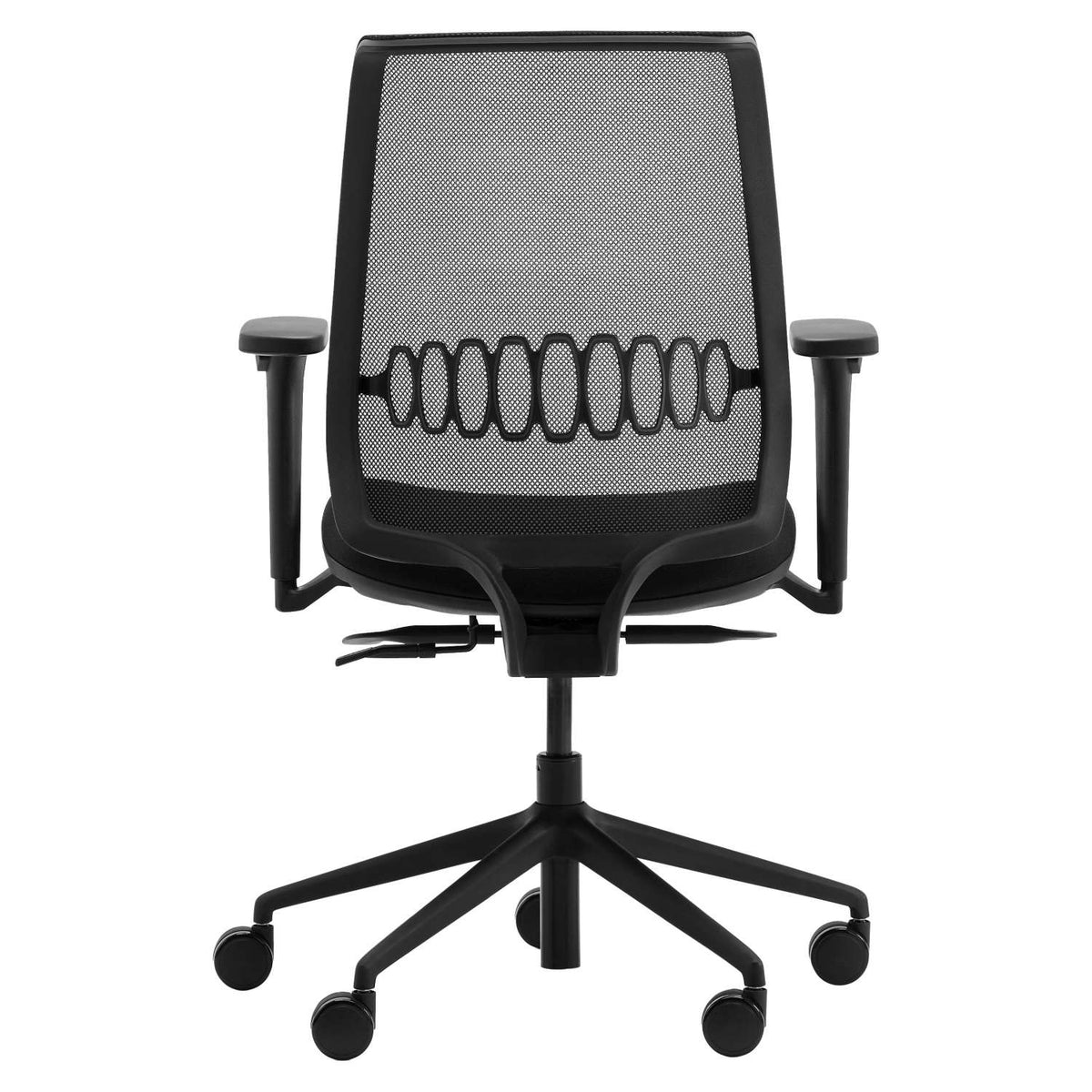 Mesh back office chair without headrest in black – rear view isolated on white
