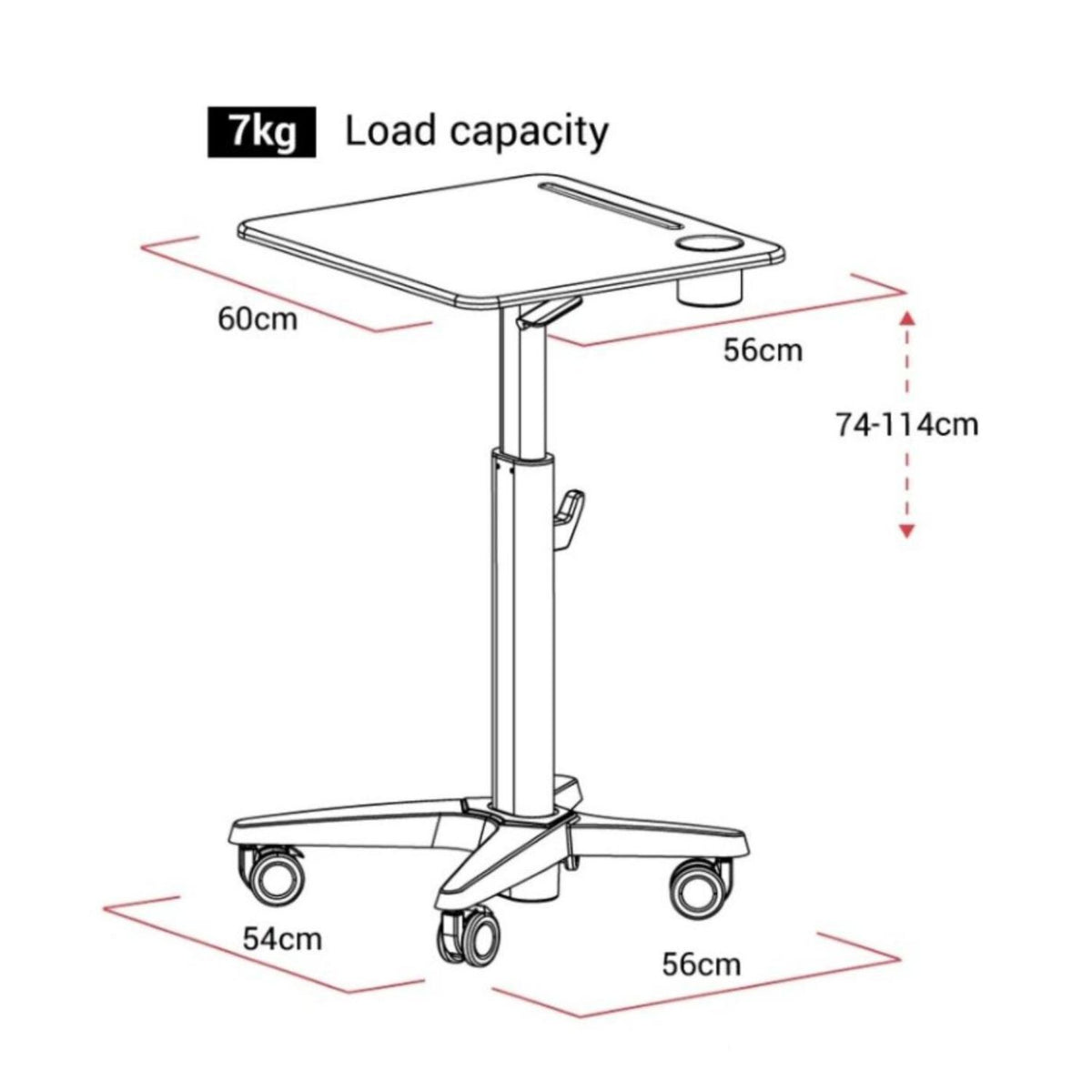 Mobile Adjustable Standing Desk - Dimensions