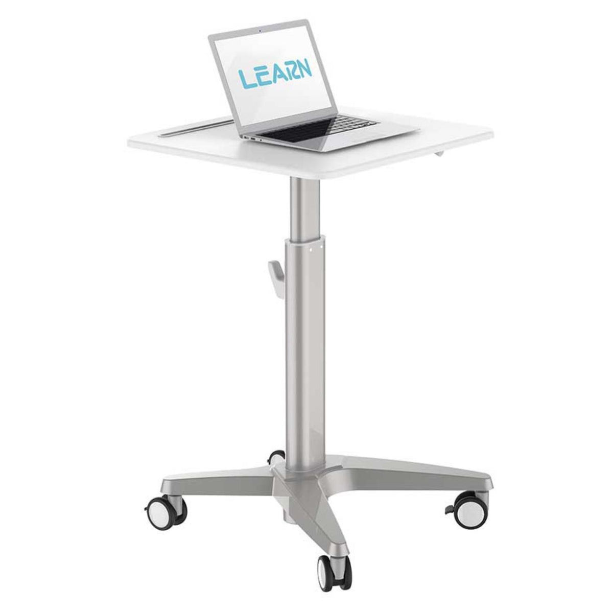 Mobile Adjustable Standing Desk - Side View with Laptop - White Colour