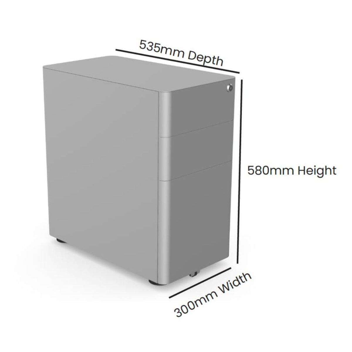 Moda L under desk pedestal dimensions showing 535mm depth, 580mm height and 300mm width