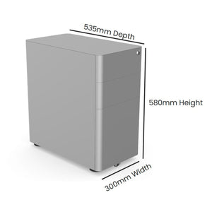 Moda L under desk pedestal dimensions showing 535mm depth, 580mm height and 300mm width