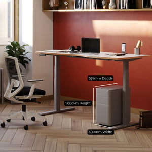 Moda L under desk pedestal under a desk showing 535mm depth, 580mm height and 300mm width