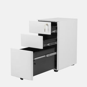 Moda L under desk pedestal with three open drawers and lock