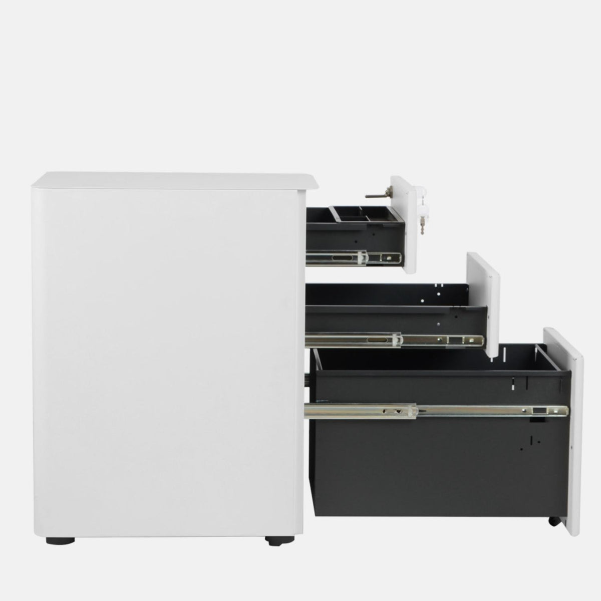 Moda L under desk pedestal with three open drawers shown from the side