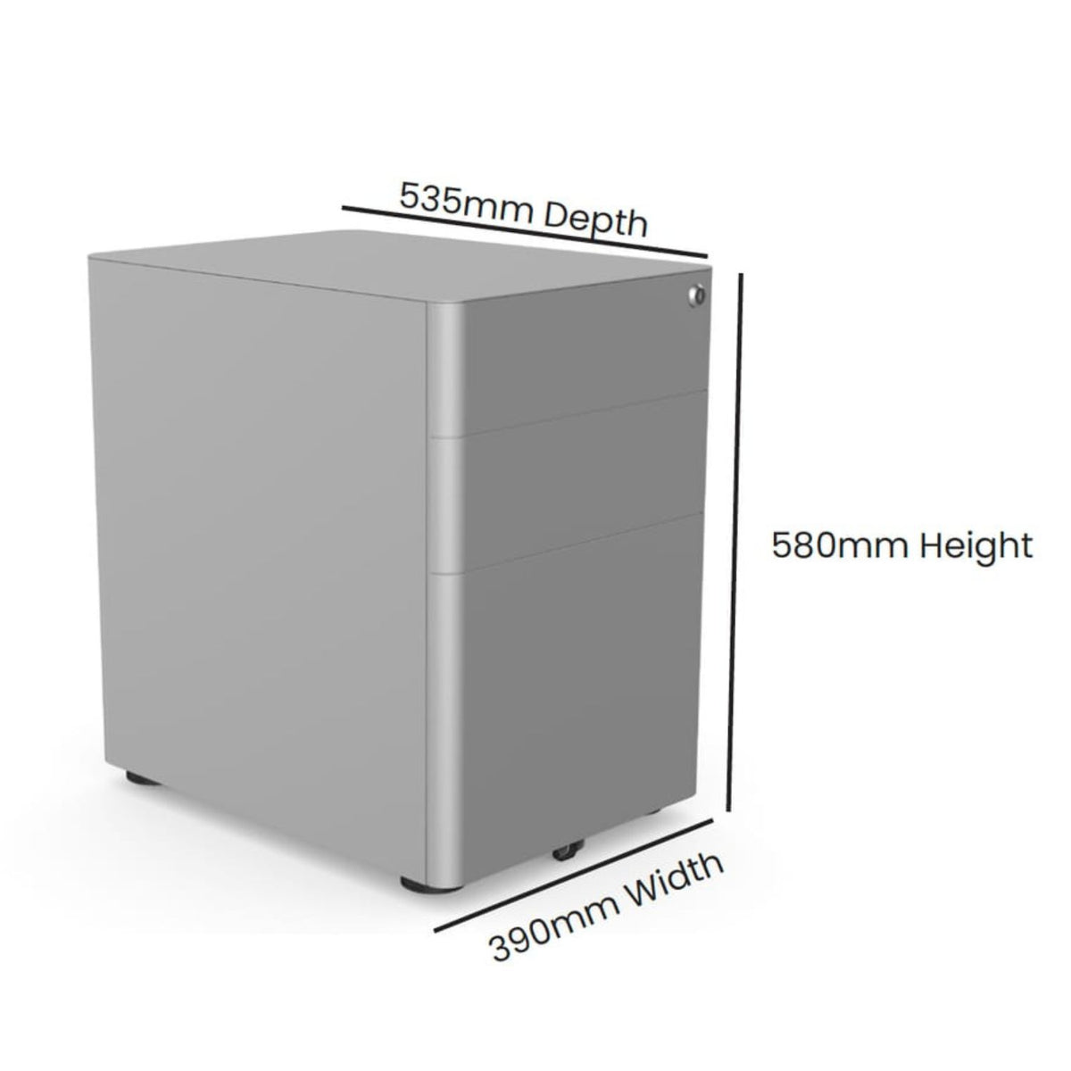 Moda Plus under desk pedestal dimensions showing 535mm depth, 580mm height and 390mm width