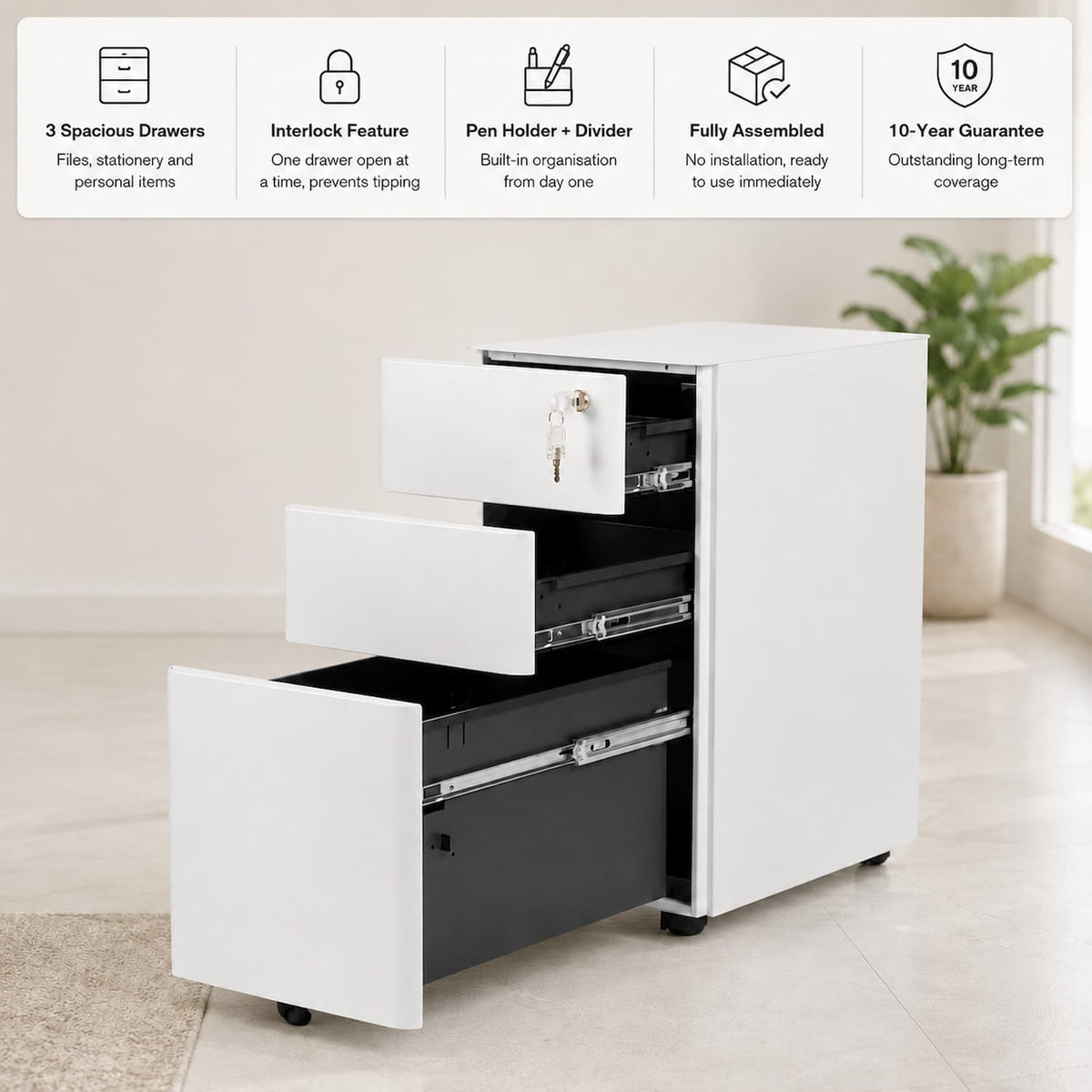 Moda Plus under desk pedestal with three drawers, interlock feature, organiser and 10-year guarantee