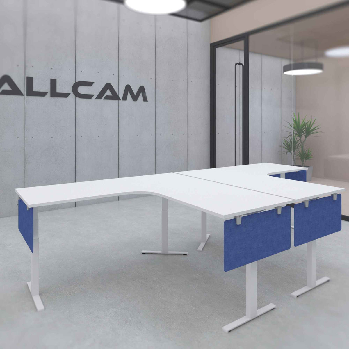 Modesty Screen for Desks - Blue Colour - Mounted Under the L-Shaped Desk Top