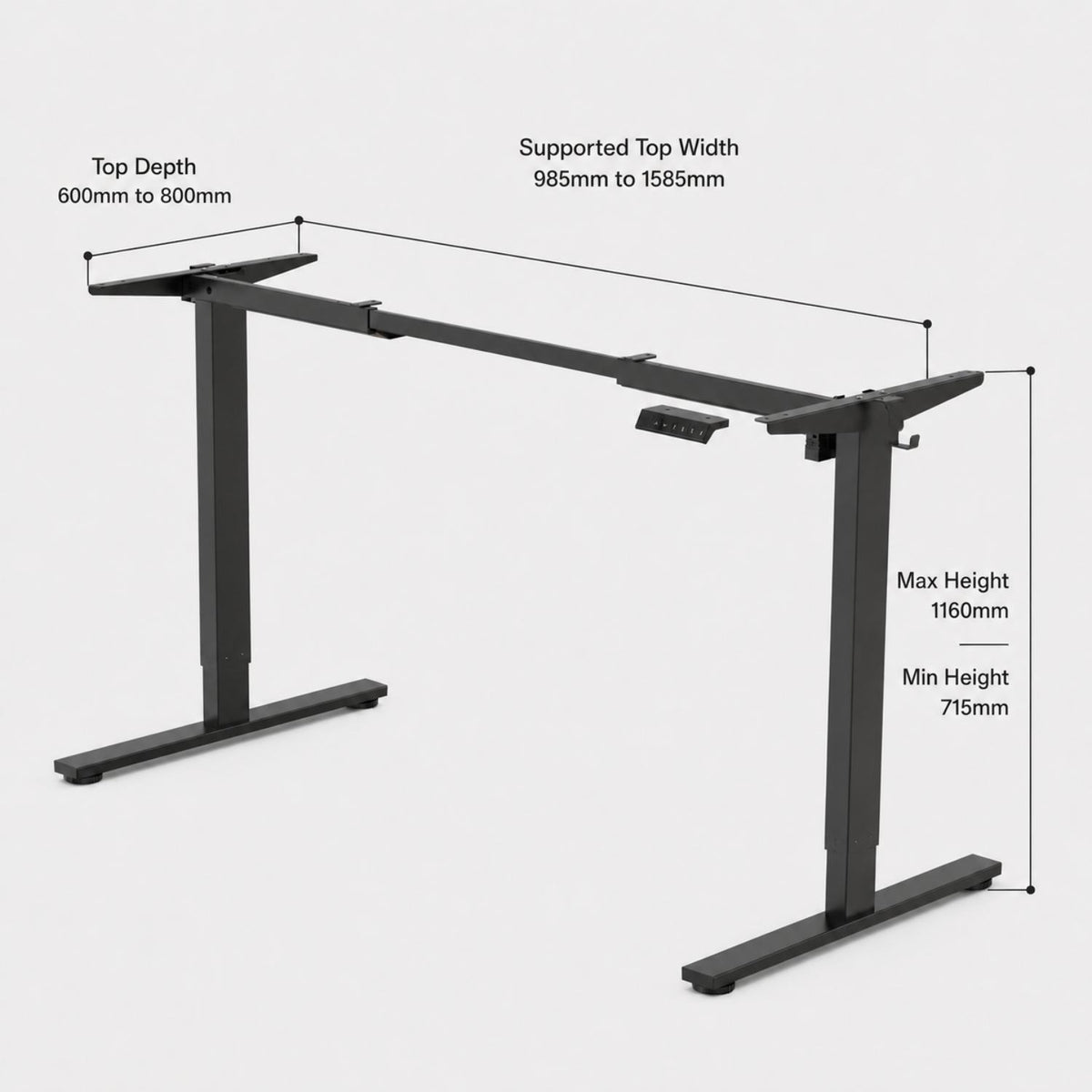 Motorised height adjustable desk frame dimensions shown