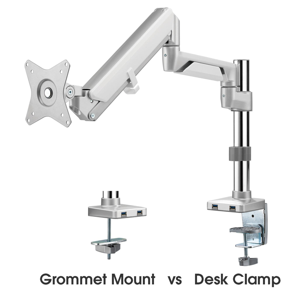 Novara 1 Monitor Arm - Silver - Showing the difference between Grommet mount and Desk Clamp