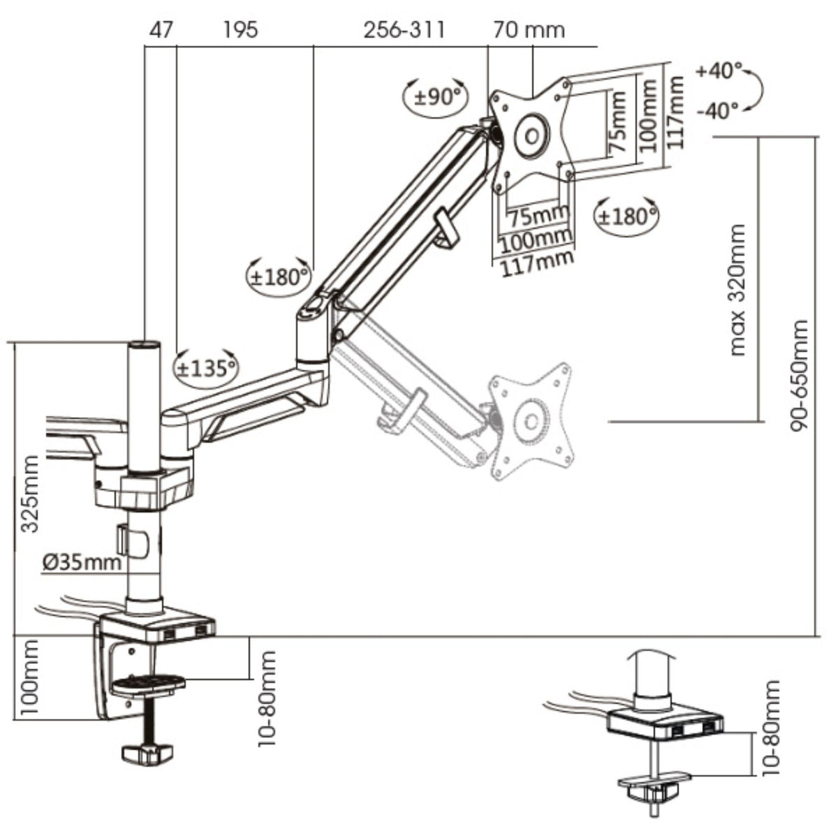Novara Dual Monitor Arm - Dimension Diagram