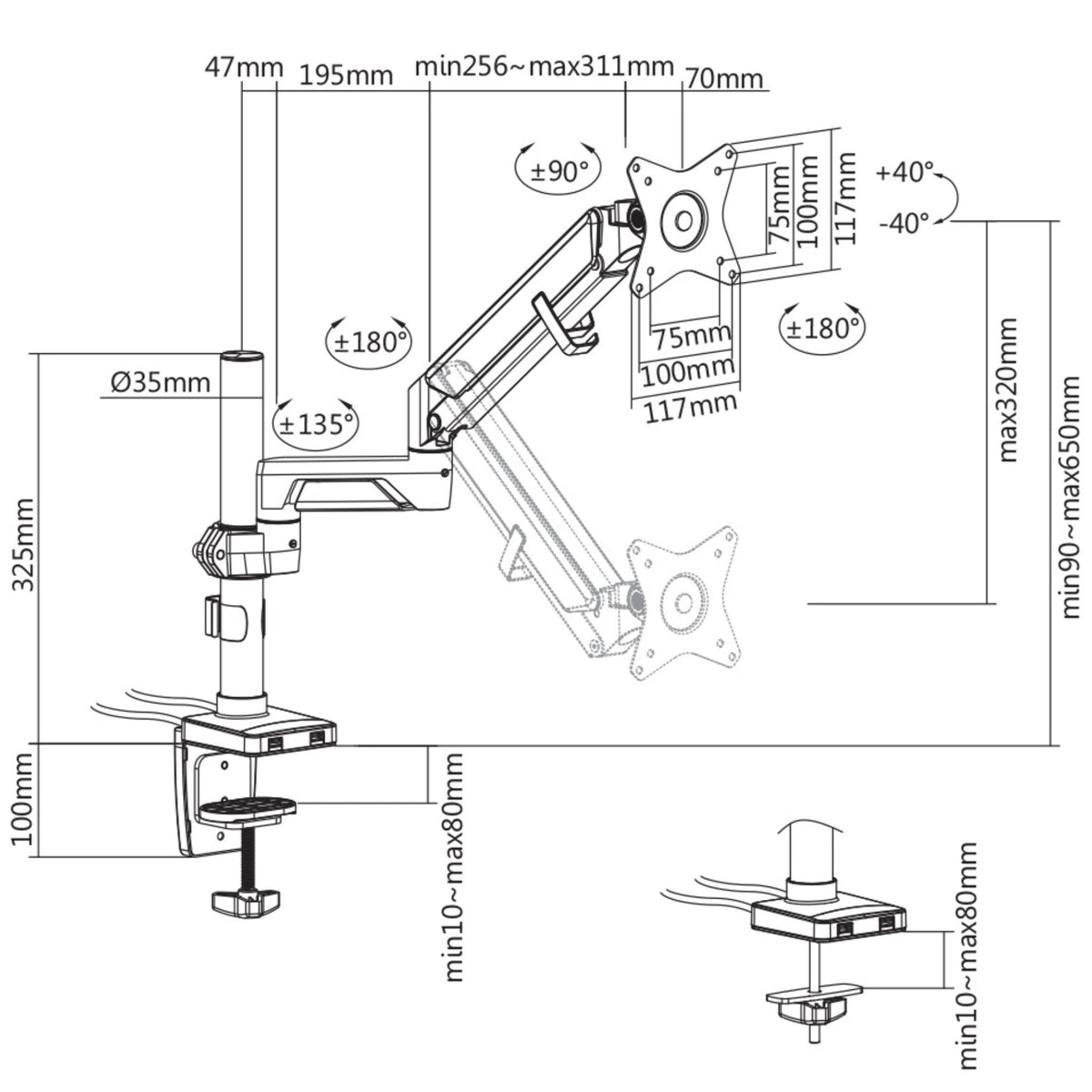 Novara Single Monitor Arm - Dimensions Diagram