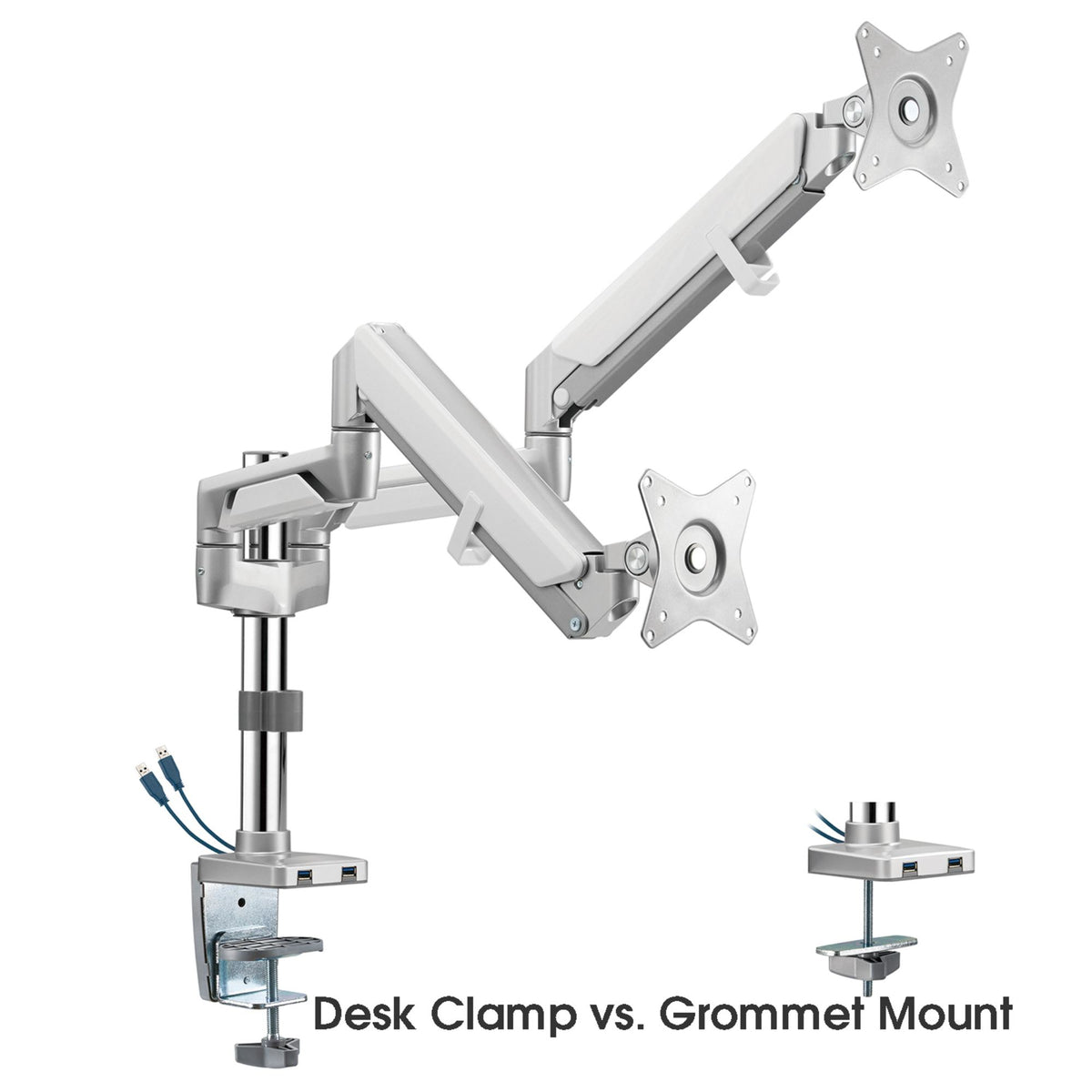 Novara Twin Monitor Arm - Silver - Showing the Differences between Desk Clamp and Gromment Mount