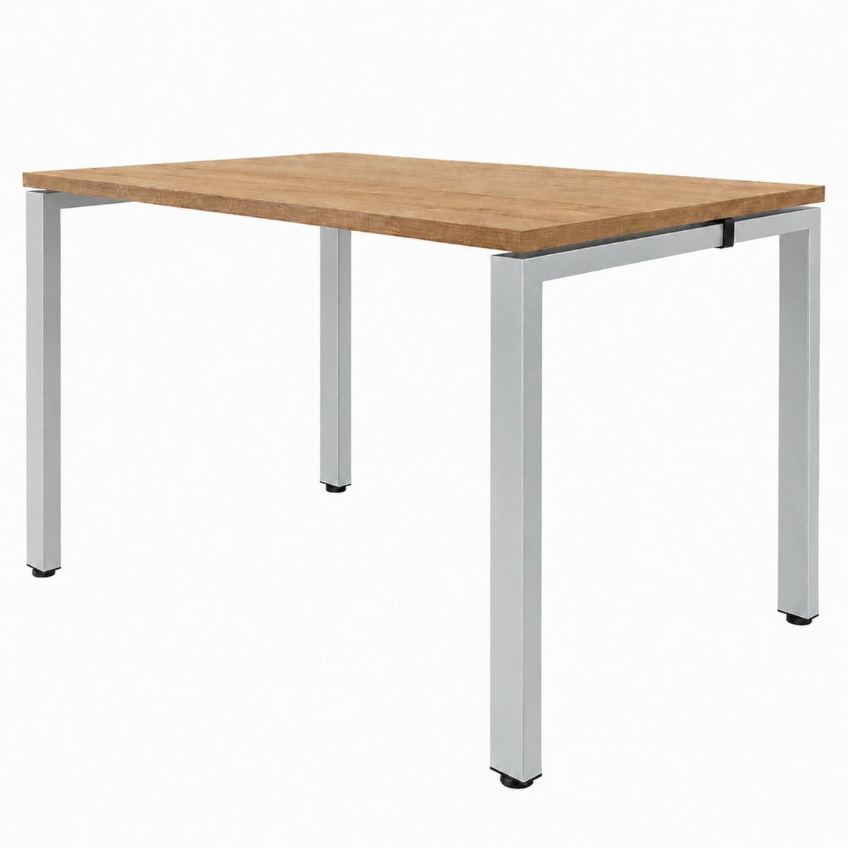 Office bench desk for 1 person with oak desktop and silver frame, ideal for a simple single office desk setup