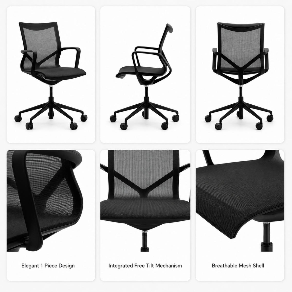 Office meeting chair – multiple angles and close-up details showing elegant one-piece design, free tilt mechanism, and breathable mesh shell