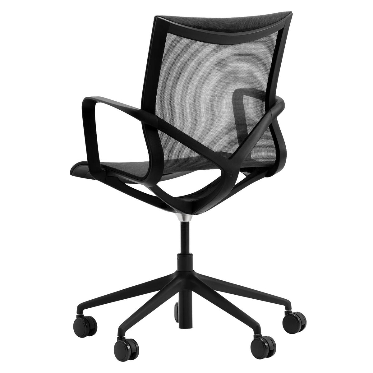 Office meeting chair – rear three-quarter view with mesh back and armrests
