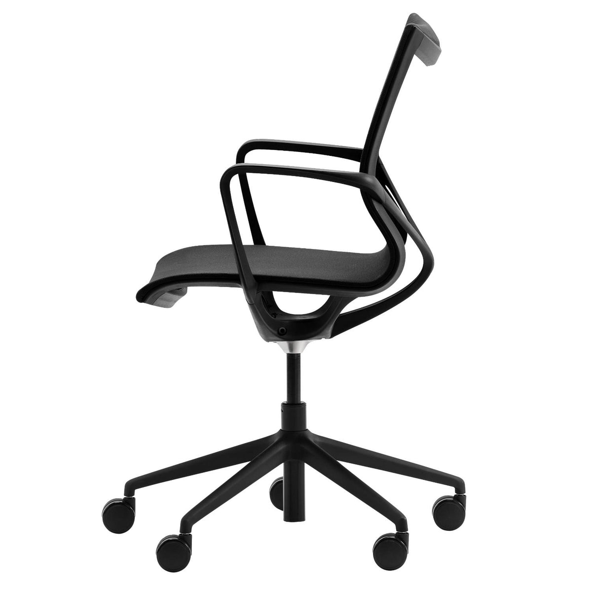 Office meeting chair – side profile view showing seat depth and armrest shape