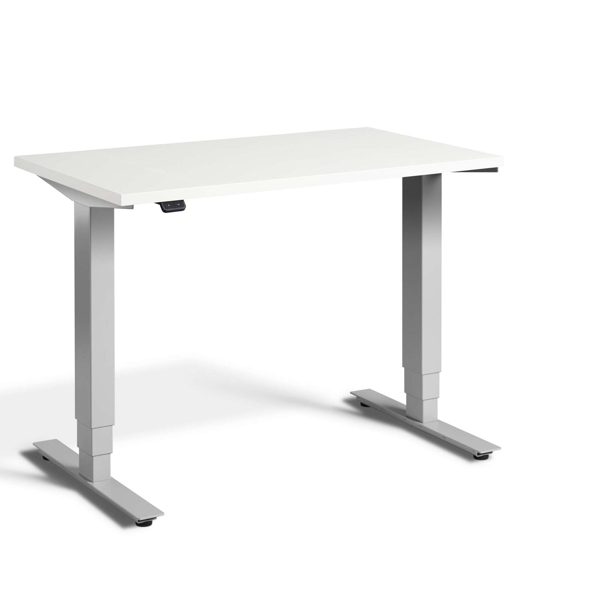 small white standing desk with silver frame viewed from the front