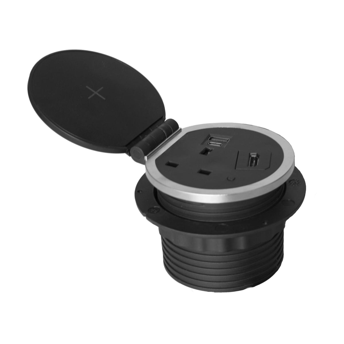 Power Module in Desk - Black Colour - Open Lid - All Ports Shown