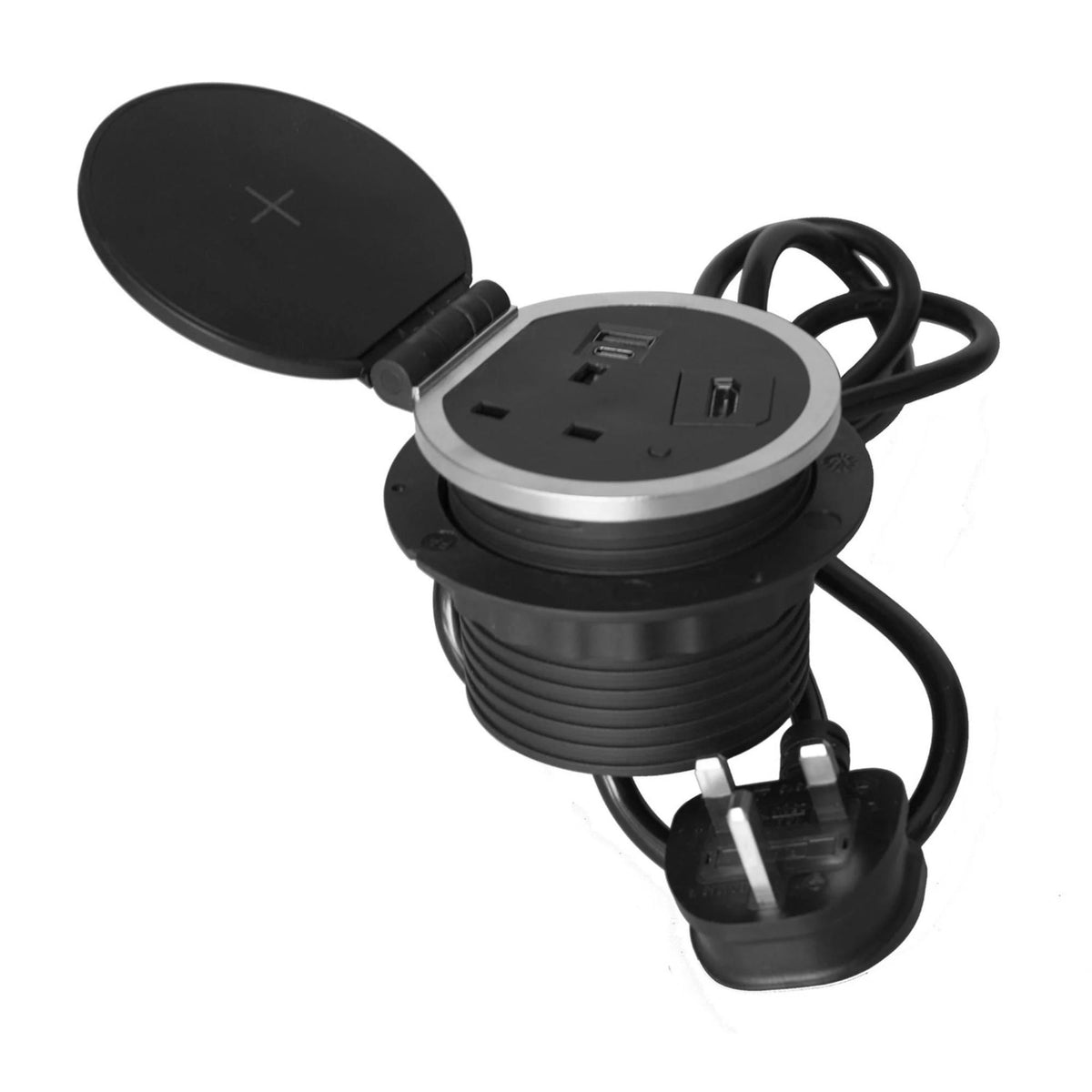 Power Module in Desk - Black Colour - Open Lid - All Ports Shown including the Power Plug