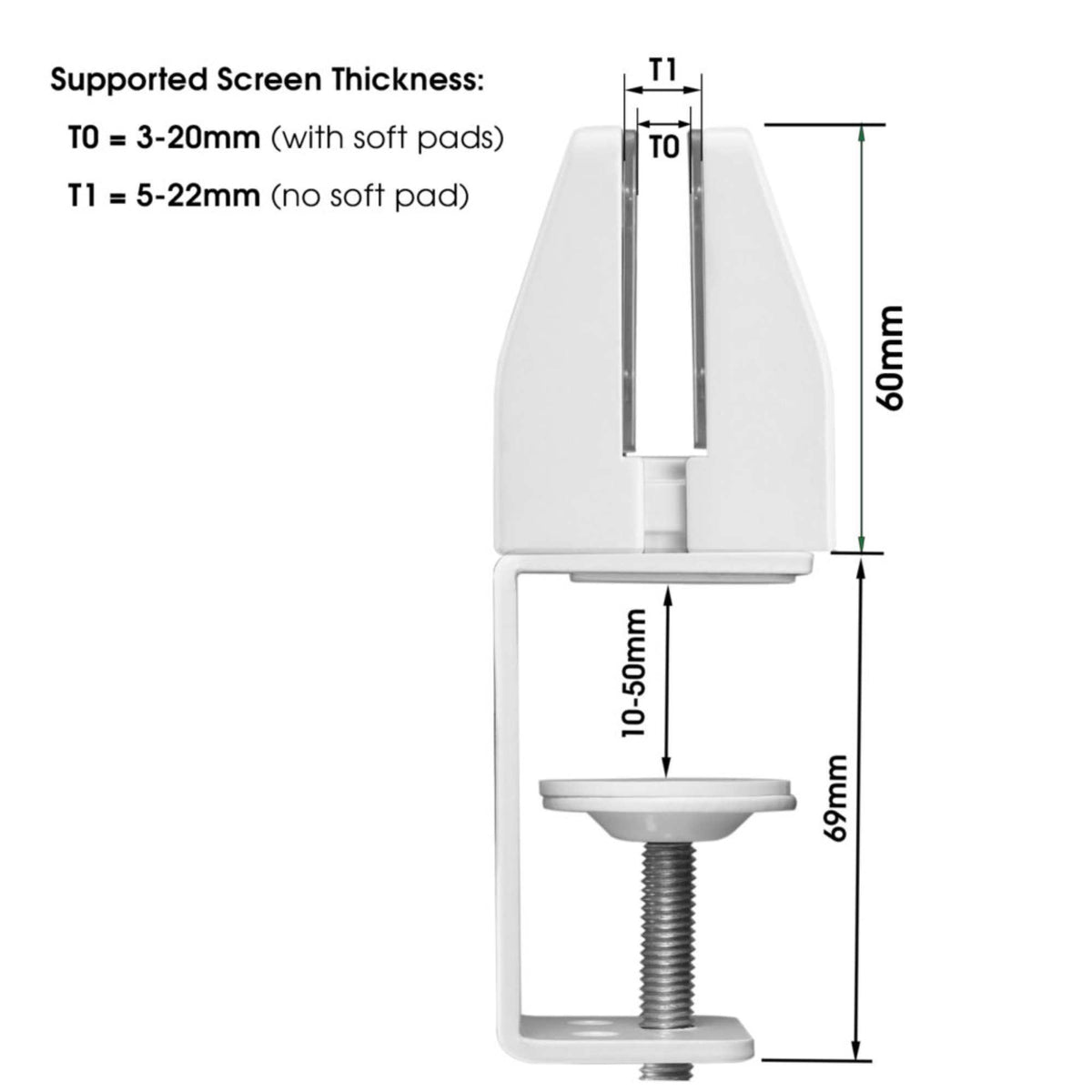 Privacy Screen Brackets - Clamp Mount - Supported Screen Thickness Diagram