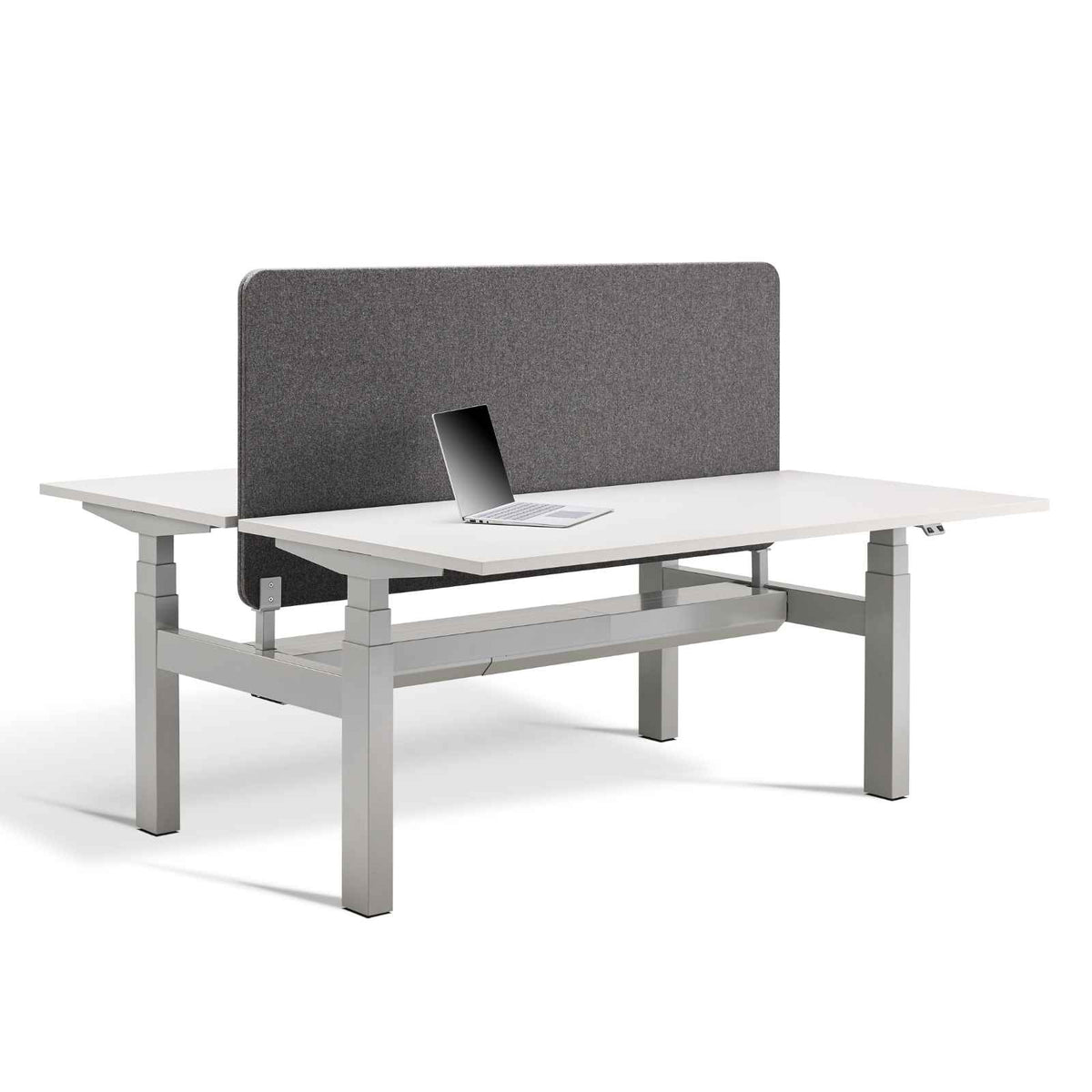 Double standing desk with privacy screen and brackets