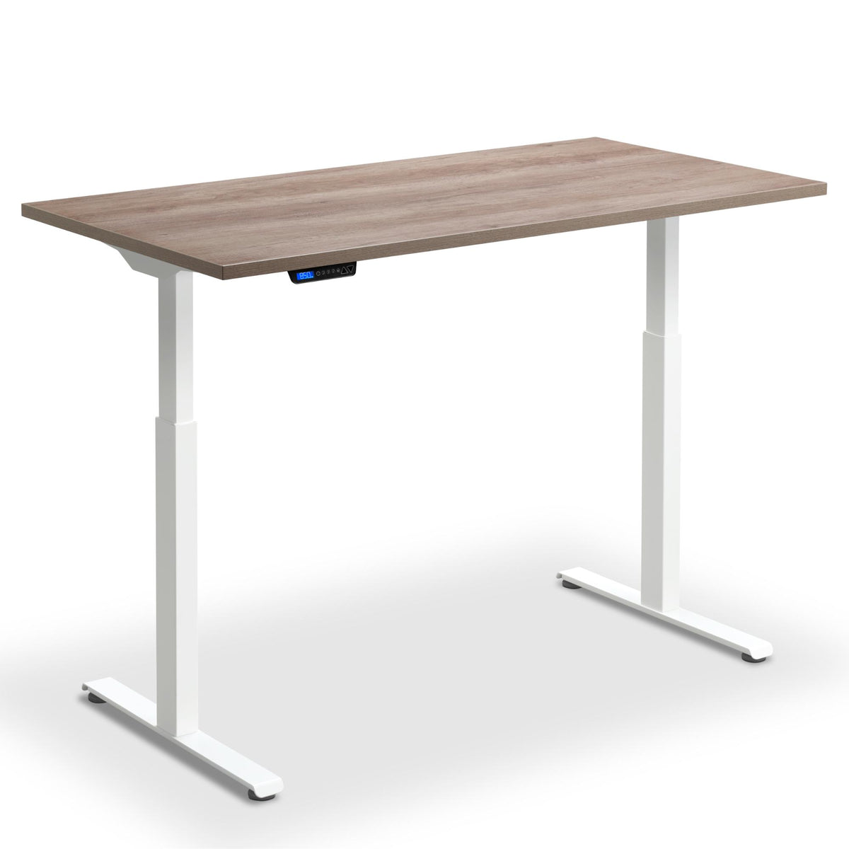 Rise and Fall Desk - Rize1 - White Frame - Grey Nebraska Oak Top - Studio Image