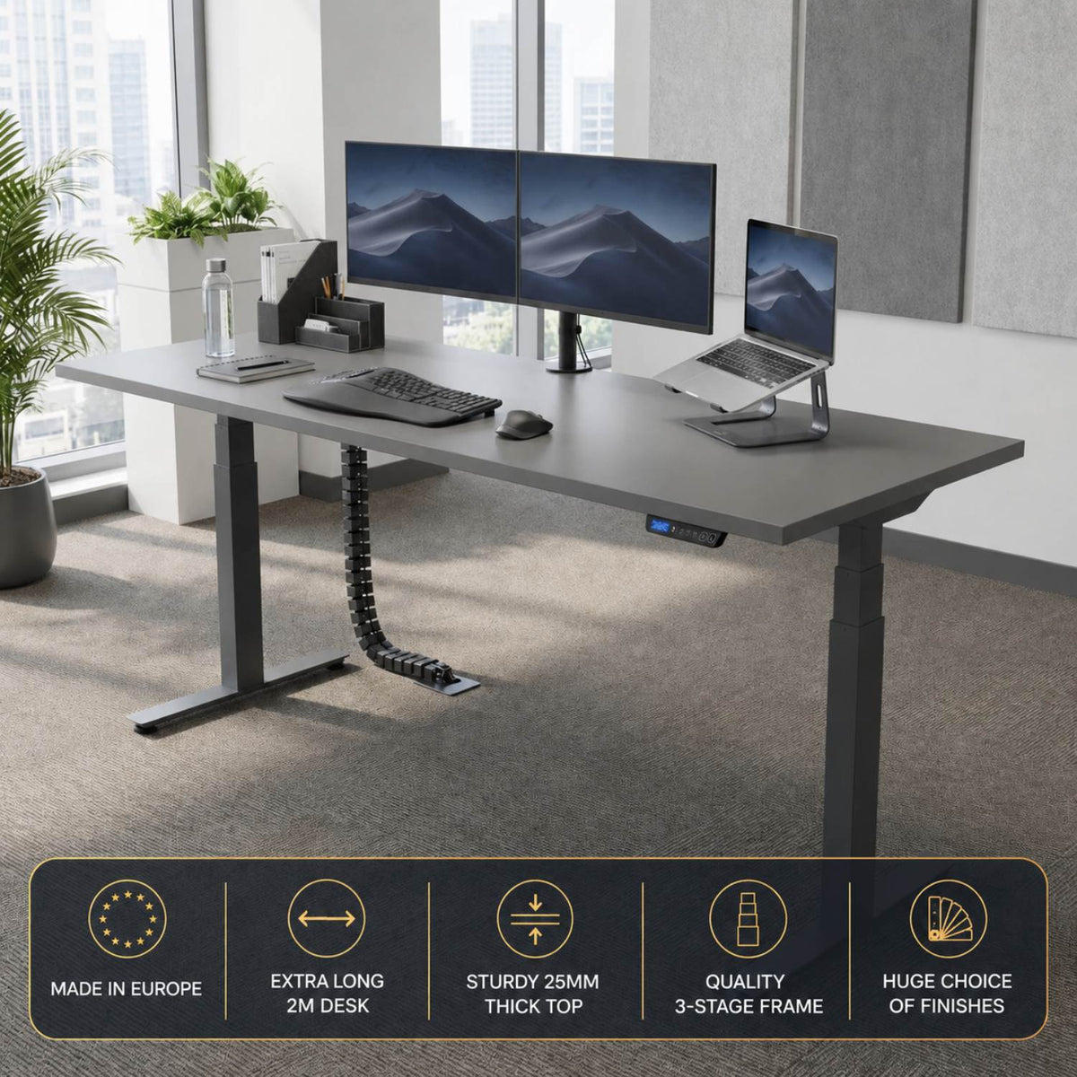Rixe XL 200cm sit stand desk in office front view shown