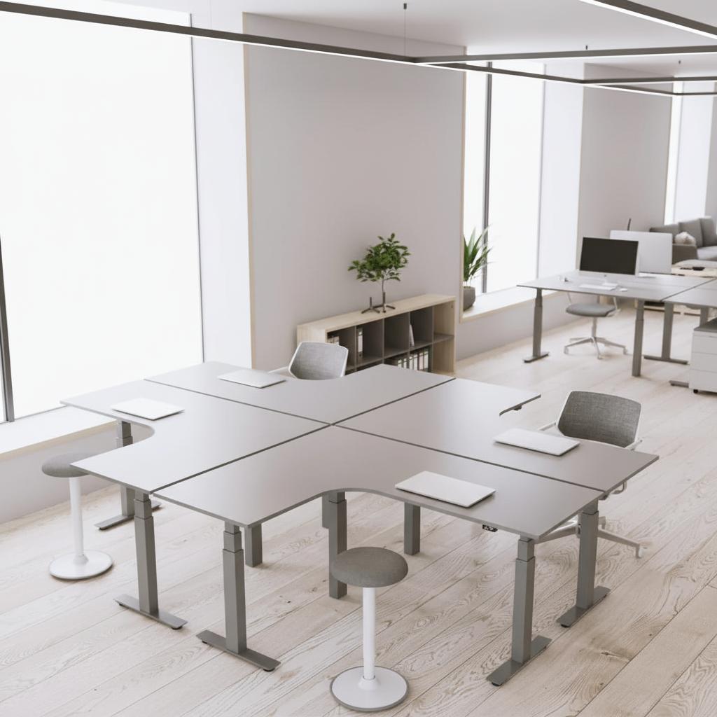 sit-stand corner desks in an office configured in a block of four