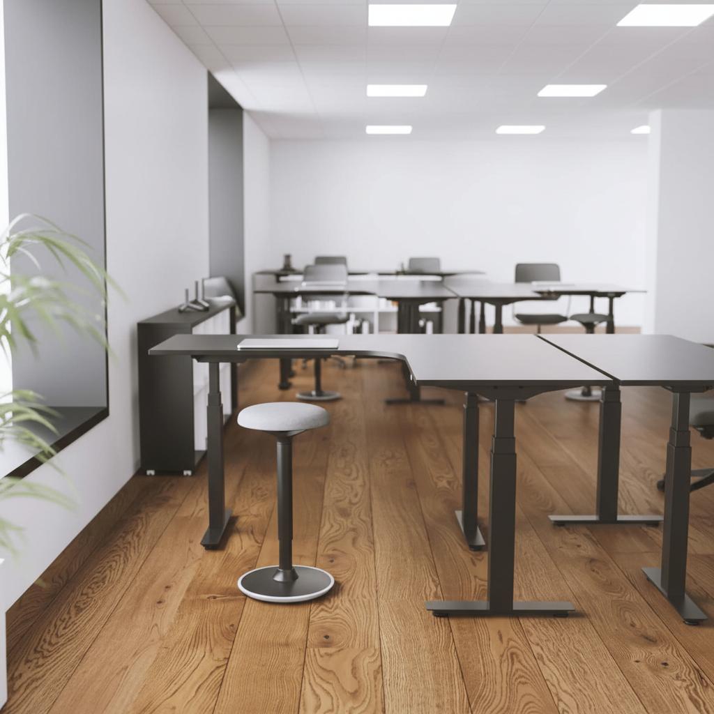 standing l-shape desks i an office placed back to back