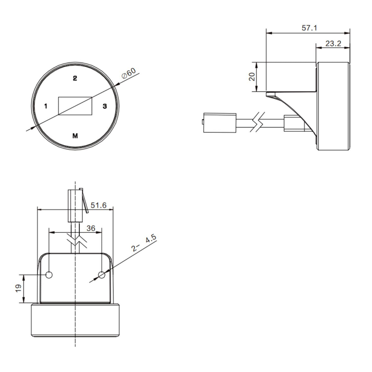 Rotating handset for standing desk technical drawing with dimensions