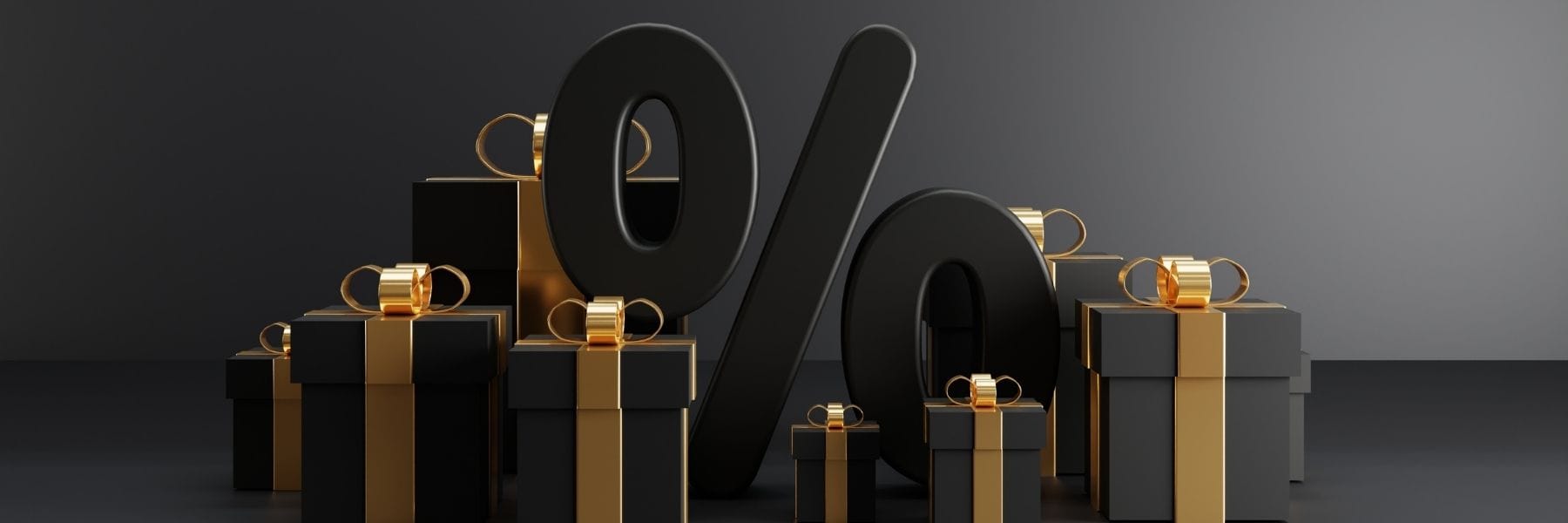 Savv-e Work Store sale banner - black and gold wrapped boxes against a dark background