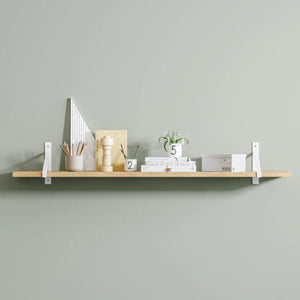 Shelf suspense brackets, white, long wall shelf with decor
