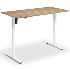 Single Motor Height Adjustable Desk - Rize Mono - White Frame - Brown Oak Top - Studio Image