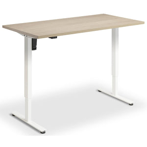 Single Motor Height Adjustable Desk - Rize Mono - White Frame - Natural Oak Top - Studio Image