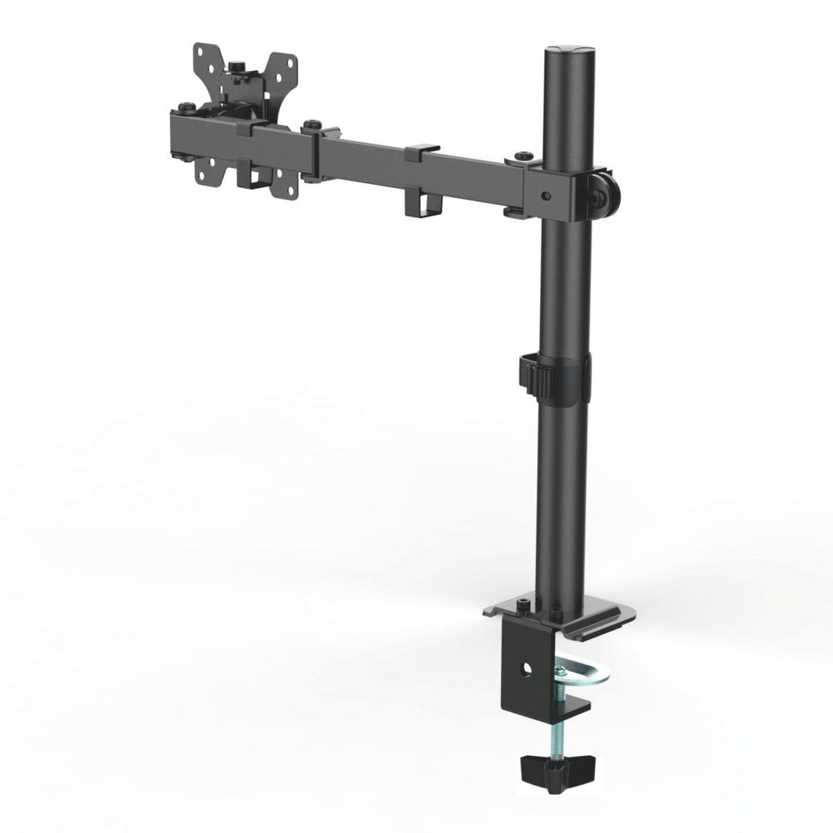 Single monitor arm in black shown from the rear with adjustable arm, VESA plate and clamp mount