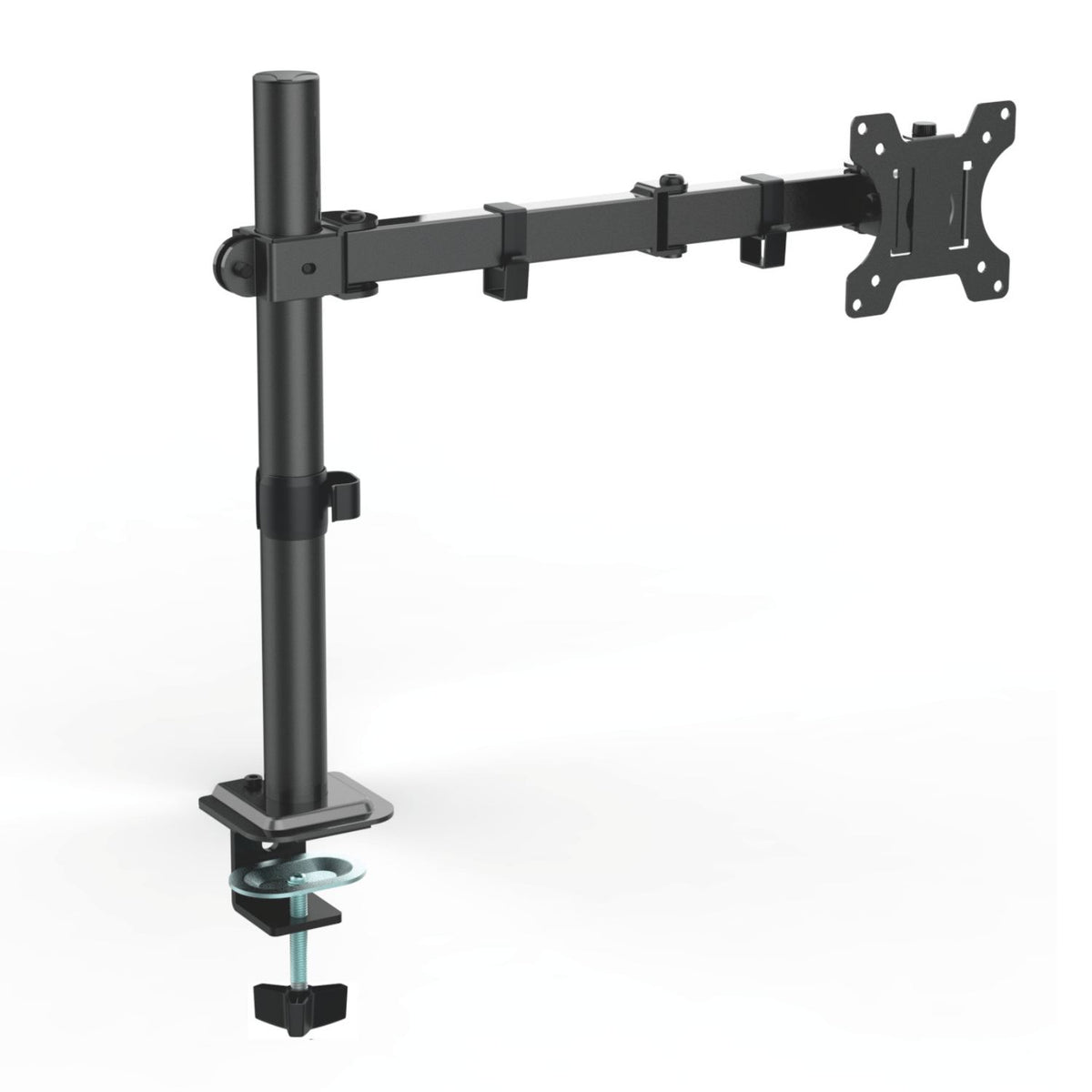Single monitor arm in black with extended adjustable arm, VESA mounting plate and desk clamp