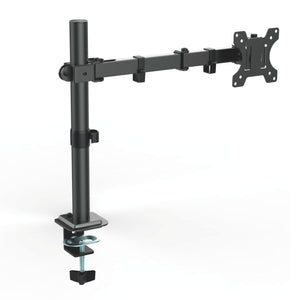 Single monitor arm in black with extended adjustable arm, VESA mounting plate and desk clamp