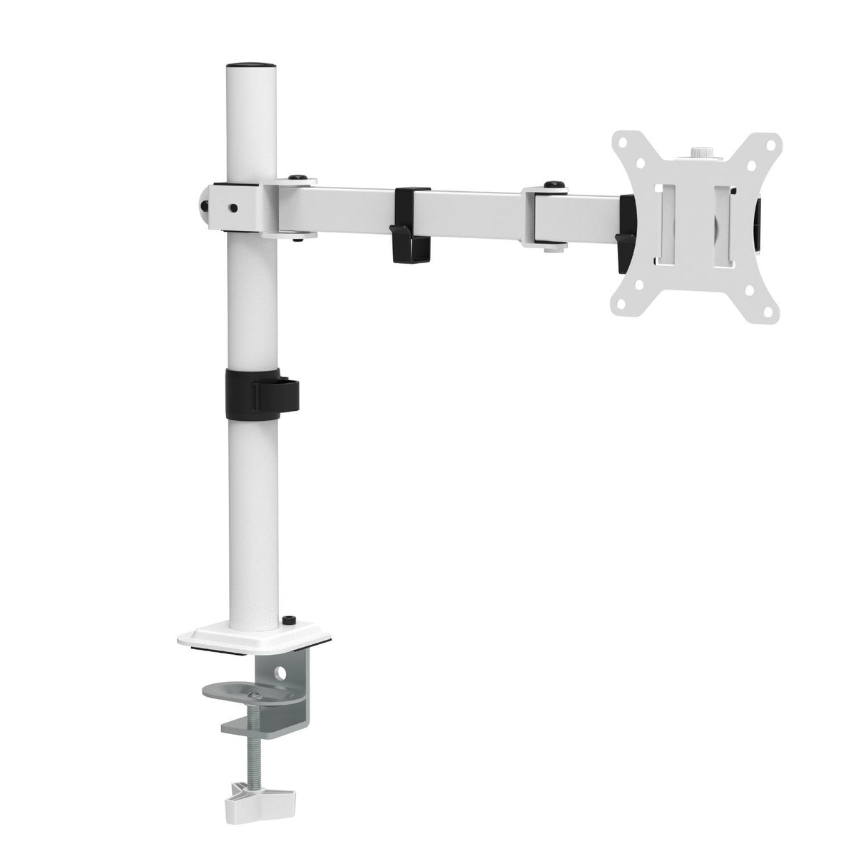 Single monitor arm in white with adjustable pole, extended arm and clamp mount